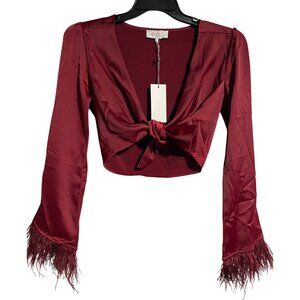 WAYF Red Tie Front Long Sleeve Crop Top With Fringe Trim Womens Size S